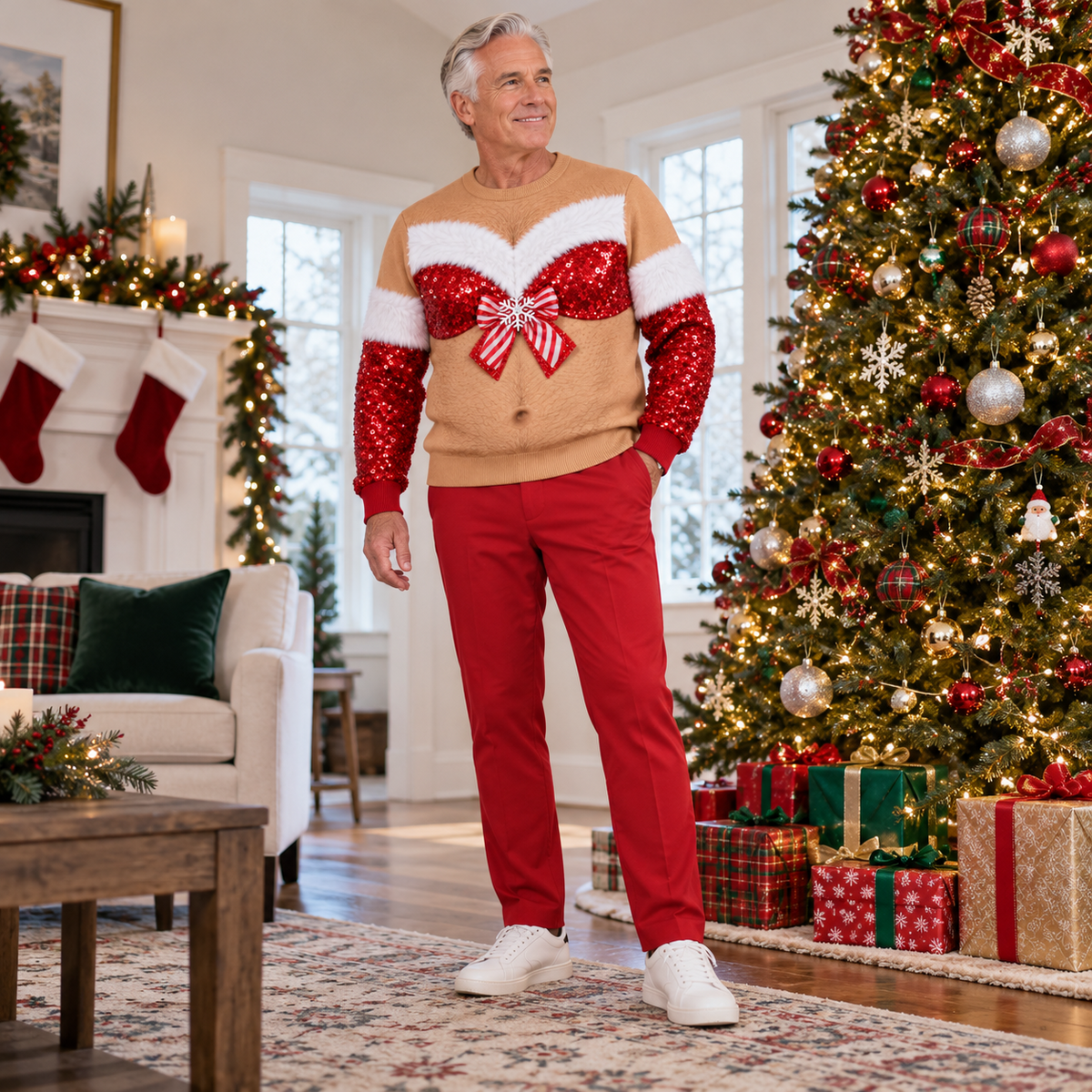 Ugly Christmas Sweatshirt Hairy Chest Sequin Bra Bow Crewneck