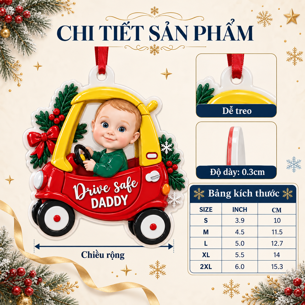 Baby in Red Toy Car Drive Safe Daddy Christmas Tree Keepsake - 3D Relief Ornament
