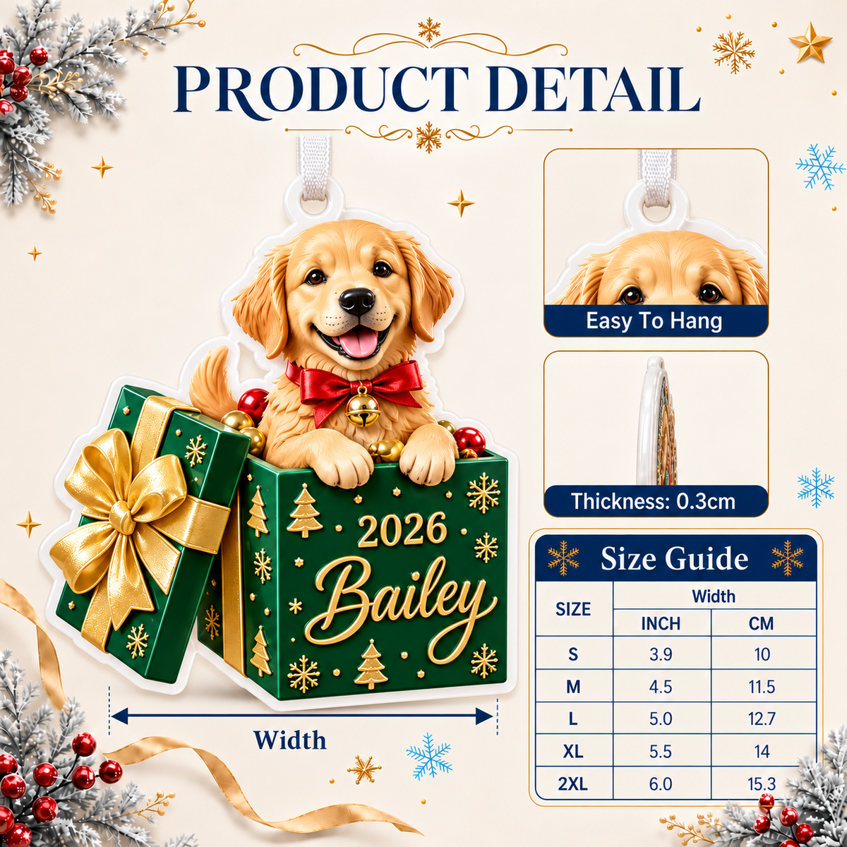 Golden Retriever Puppy in Christmas Gift Box Acrylic Tree Pendant - 3D Relief Ornament