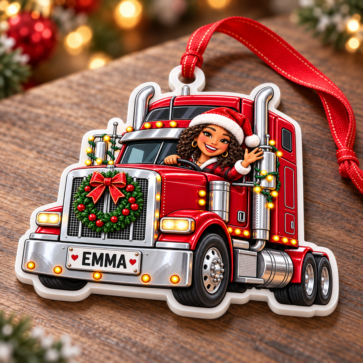 Red Semi Truck Female Driver Holiday Acrylic Tree Hanging - 3D Relief Ornament