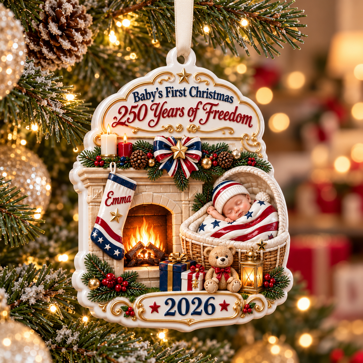 Baby's First Christmas 2026 Patriotic Fireplace Holiday Keepsake - 3D Relief Ornament