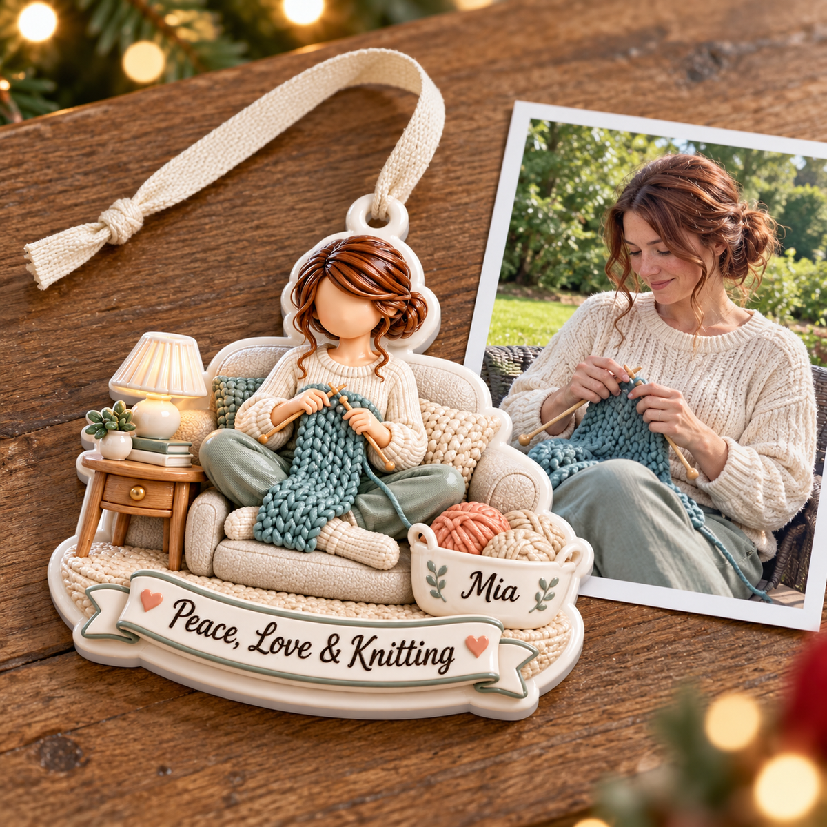 Woman Knitting in Armchair Holiday Keepsake with Yarn Basket - 3D Relief Ornament