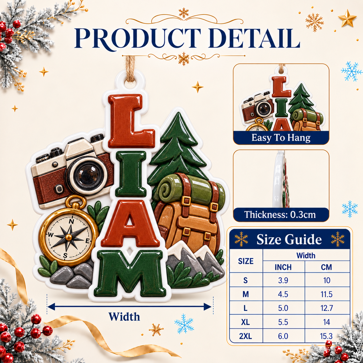Hiking Adventure Ceramic Holiday Keepsake with Camera Compass and Backpack - 3D Relief Ornament