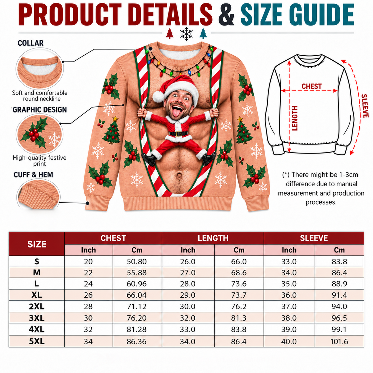 Ugly Christmas Sweatshirt Faux Hairy Chest Candy Cane Suspenders