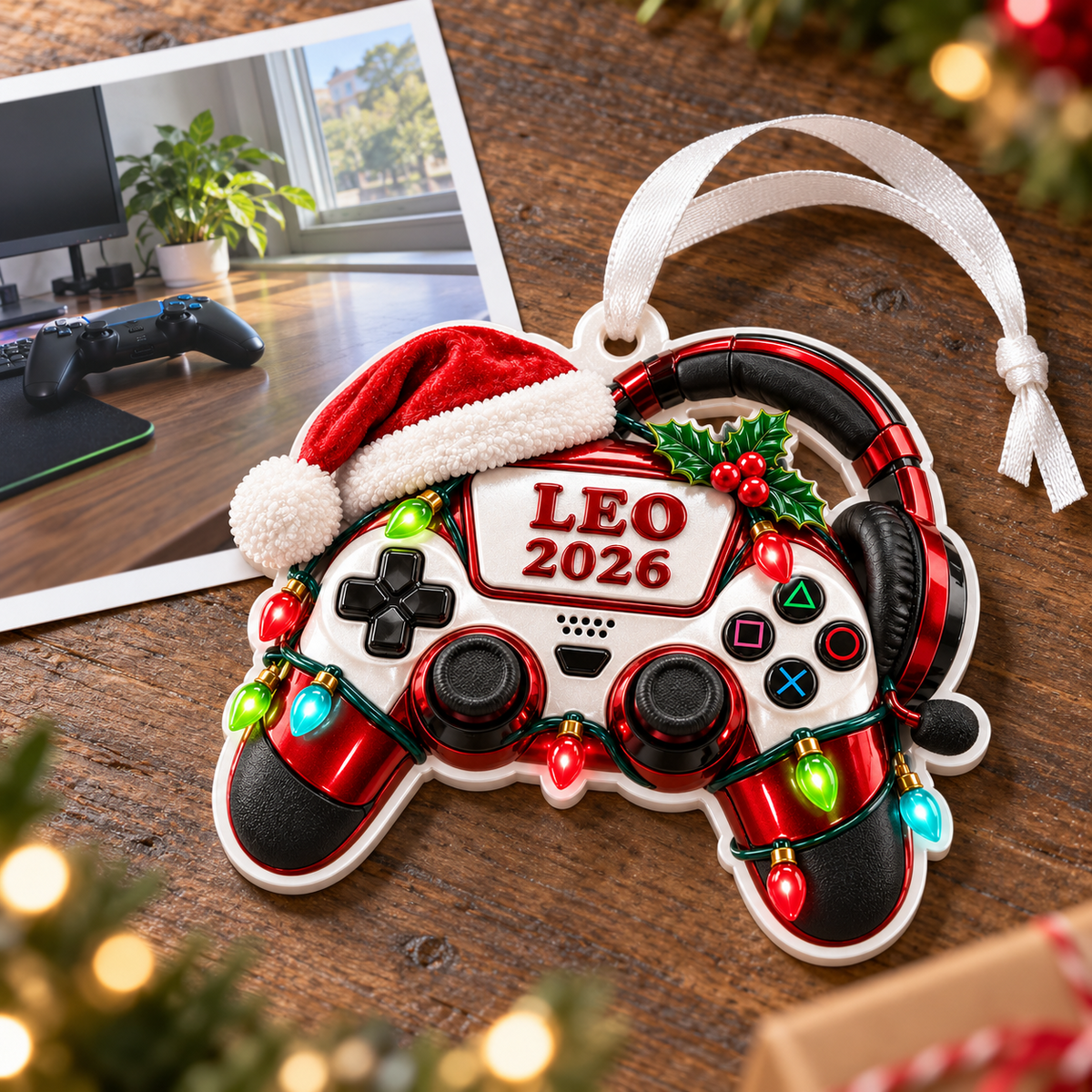 Video Game Controller with Santa Hat and Headset Holiday Keepsake - 3D Relief Ornament