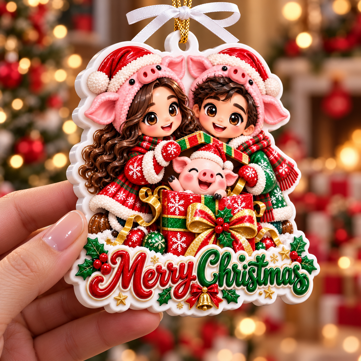 Pig Hat Couple with Piglet Gift Box Merry Christmas Acrylic Tree Hanging - 3D Relief Ornament