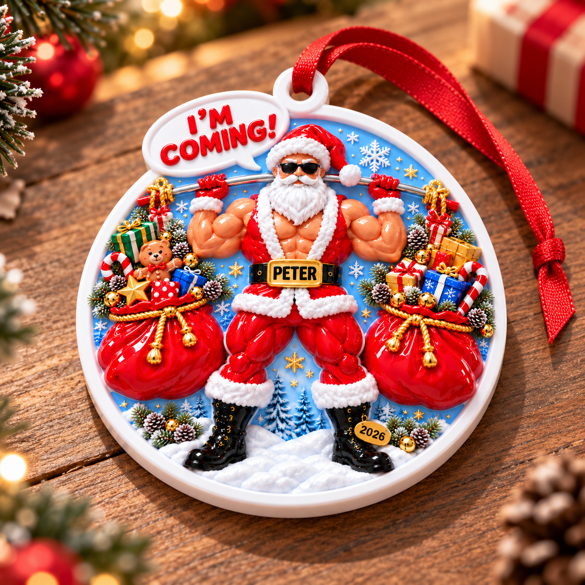 Muscular Weightlifting Santa Claus Round Acrylic Holiday Tree Hanging - 3D Relief Ornament