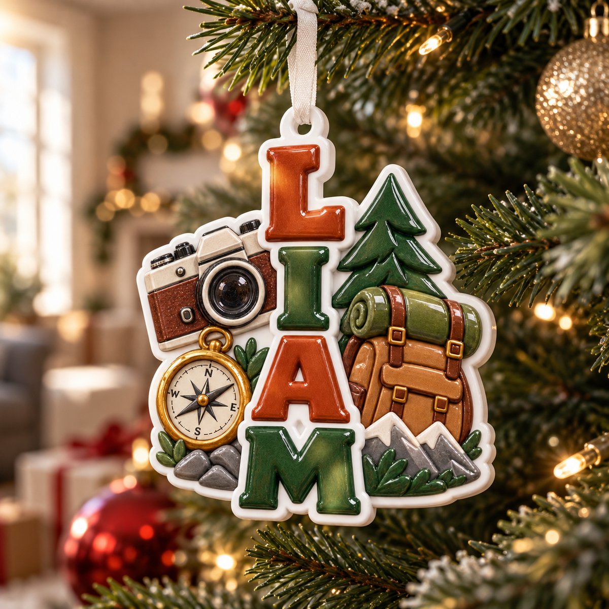 Hiking Adventure Ceramic Holiday Keepsake with Camera Compass and Backpack - 3D Relief Ornament