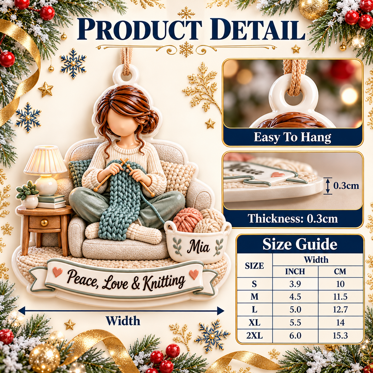 Woman Knitting in Armchair Holiday Keepsake with Yarn Basket - 3D Relief Ornament
