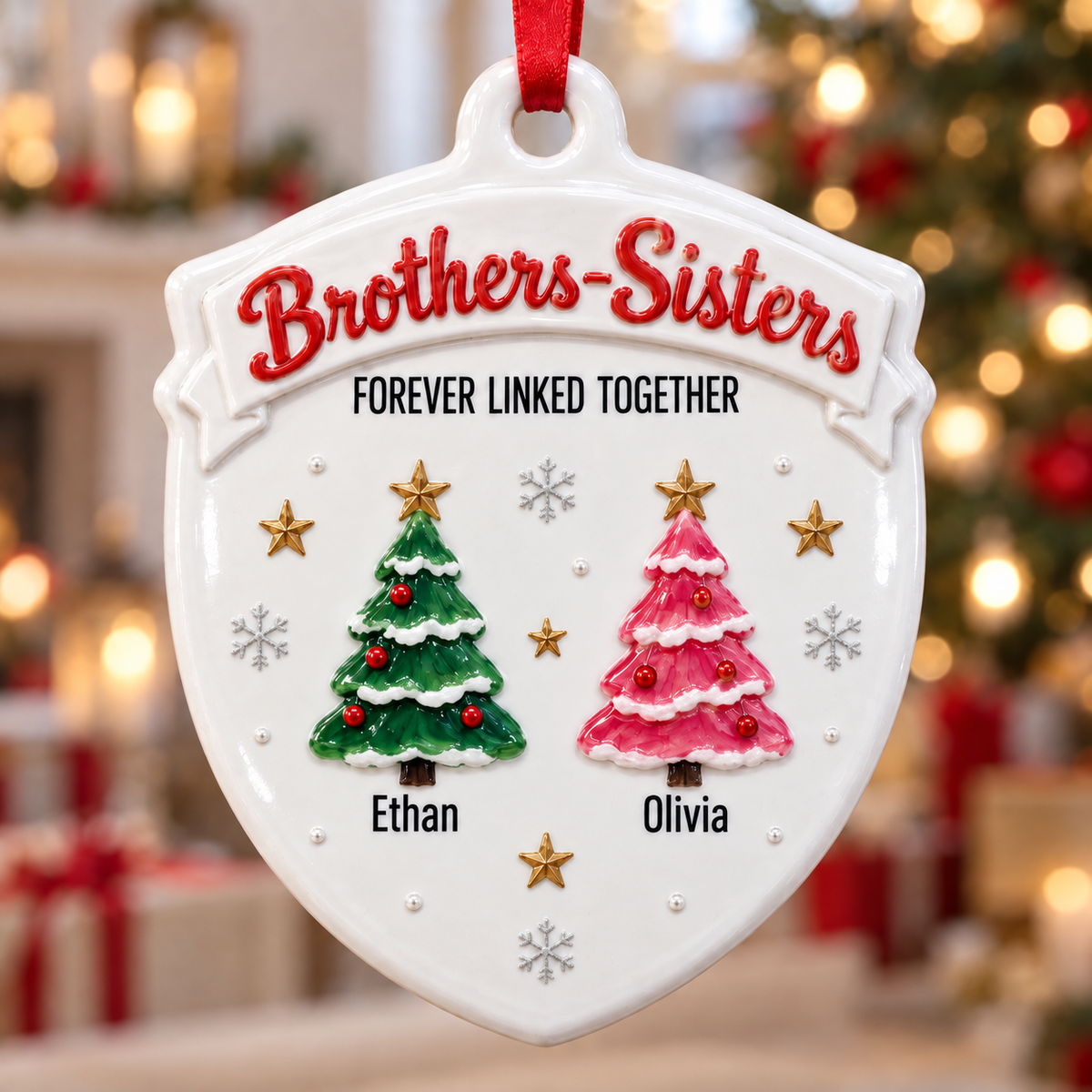Shield Hanging Keepsake Brothers And Sisters Christmas Trees - 3D Relief Ornament