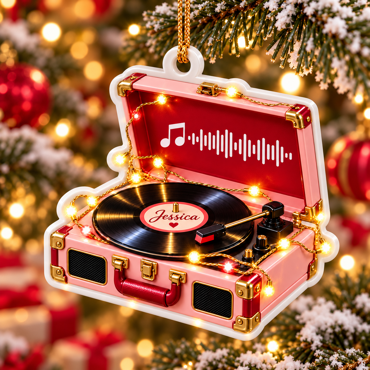 Pink Vintage Record Player Suitcase with Fairy Lights - 3D Relief ...