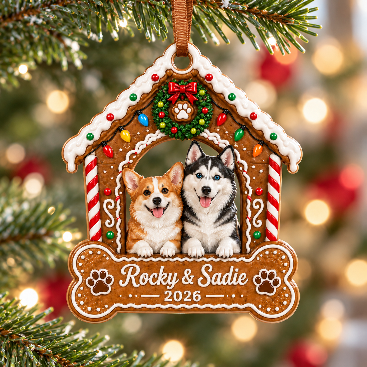 Gingerbread Doghouse Christmas Keepsake with Pet Figures and Bone Plaque - 3D Relief Ornament
