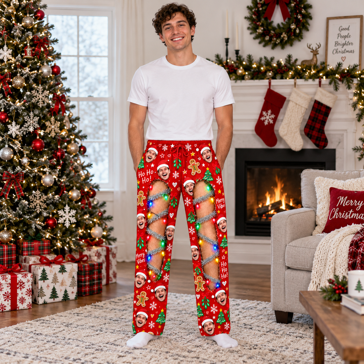 Christmas Pajama Pants Ripped Leg Holiday Lights Lounge Bottoms