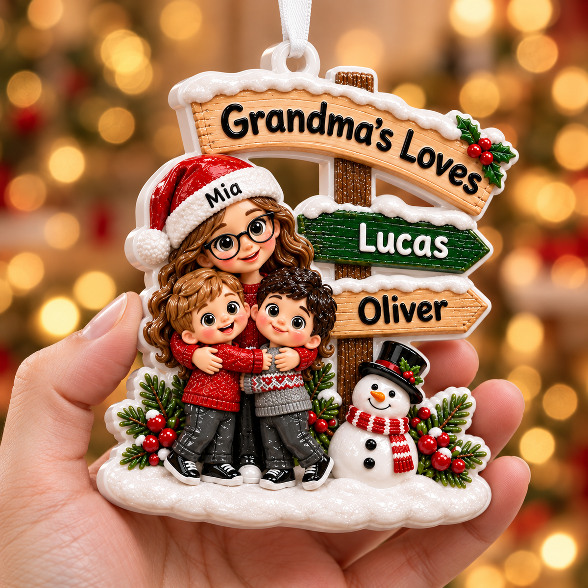 Grandma And Grandkids Directional Sign Winter Holiday Family Keepsake - 3D Relief Ornament