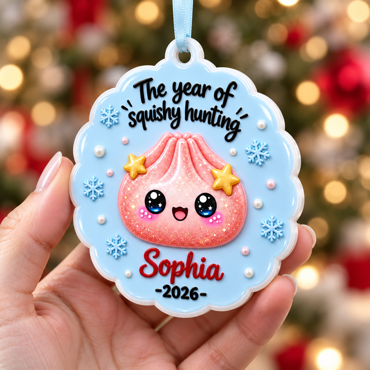 Holiday Tree Hanging Medallion, Squishy Toy Dumpling Theme in Scalloped Blue - 3D Relief Ornament