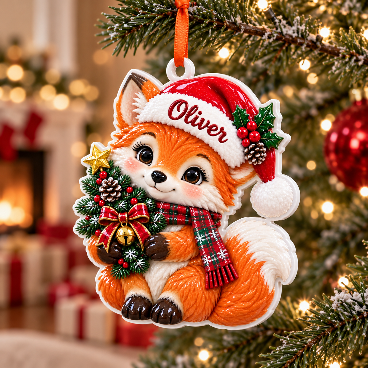 Christmas Woodland Fox with Santa Hat and Pine Tree Hanging Keepsake - 3D Relief Ornament