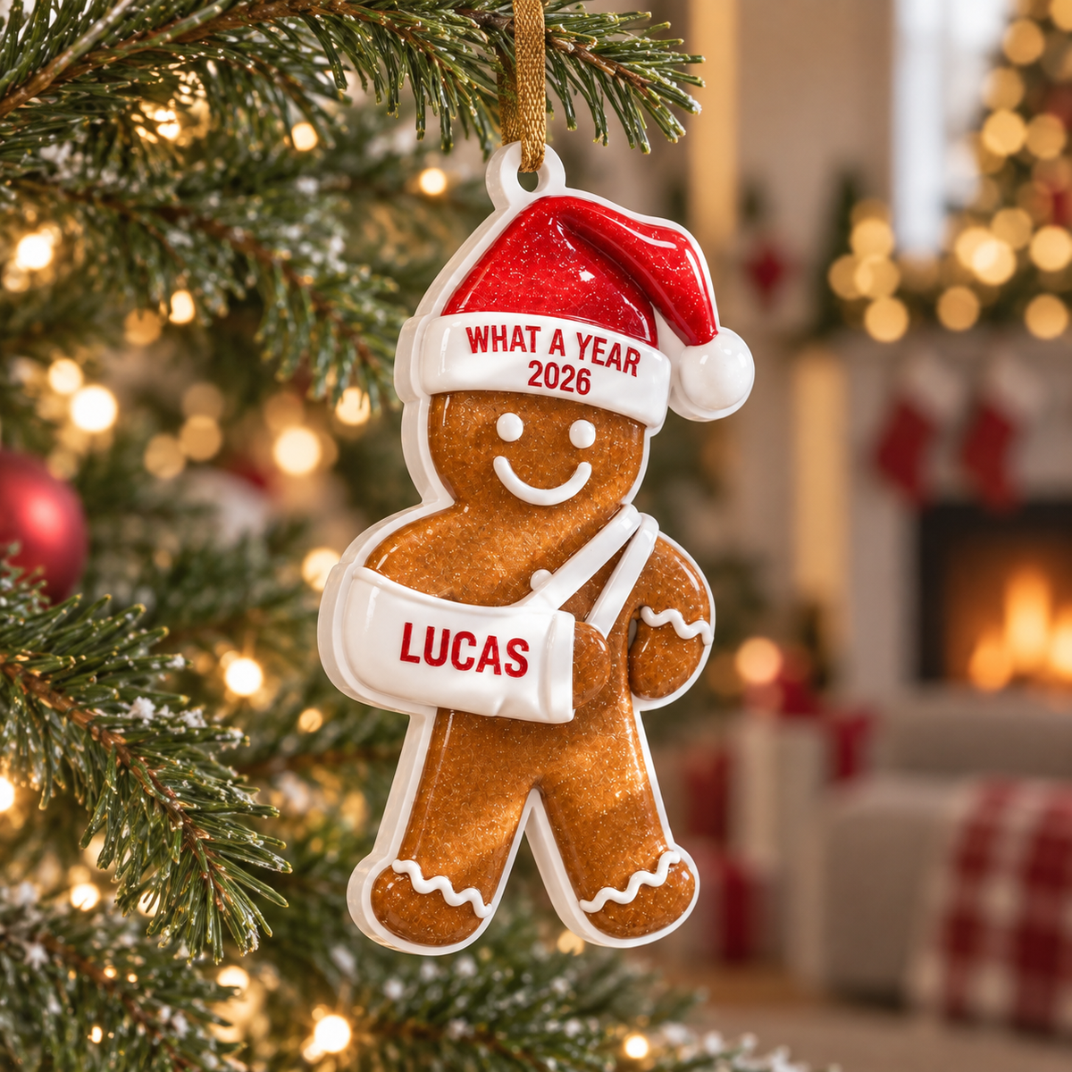 Gingerbread Man with Broken Arm Cast and Santa Hat Holiday Tree Decor - 3D Relief Ornament