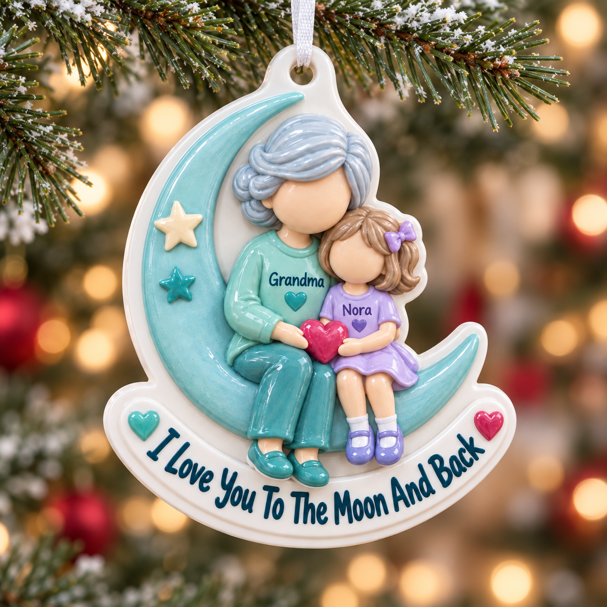 Grandmother and Granddaughter Crescent Moon Acrylic Hanging Keepsake, Teal Holiday Decor - 3D Relief Ornament