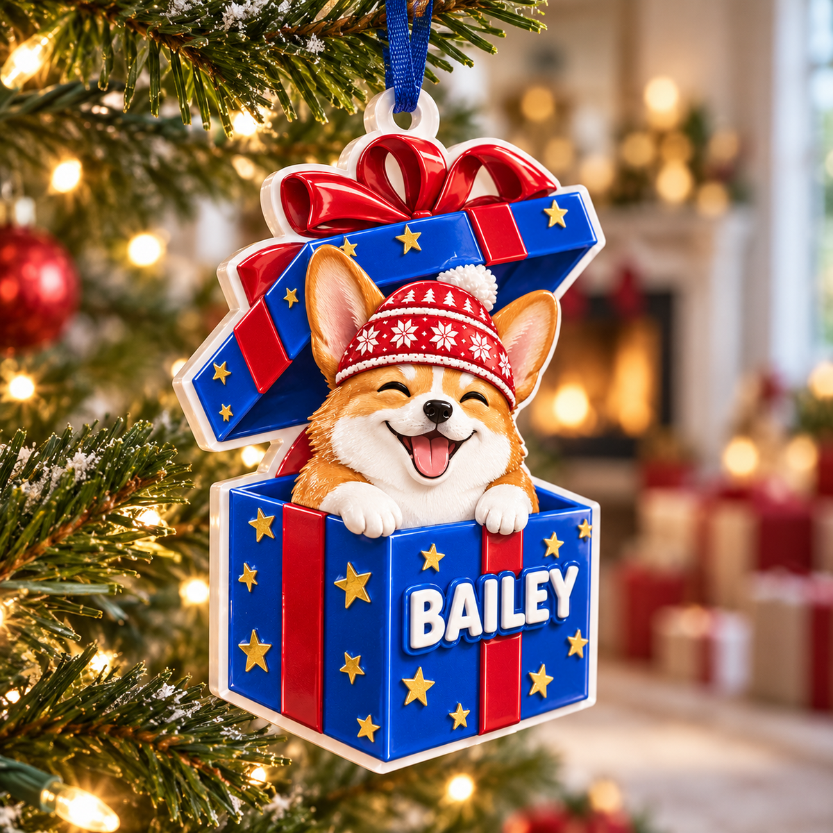 Corgi Dog in Blue Christmas Gift Box Holiday Tree Hanging Decoration - 3D Relief Ornament