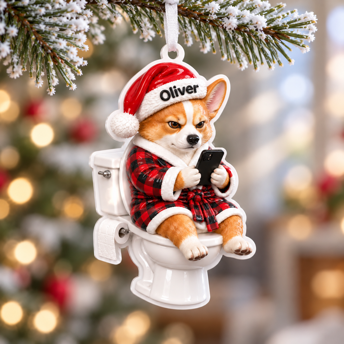 Corgi Dog on Toilet in Plaid Robe Christmas Holiday Tree Hanging Decor - 3D Relief Ornament