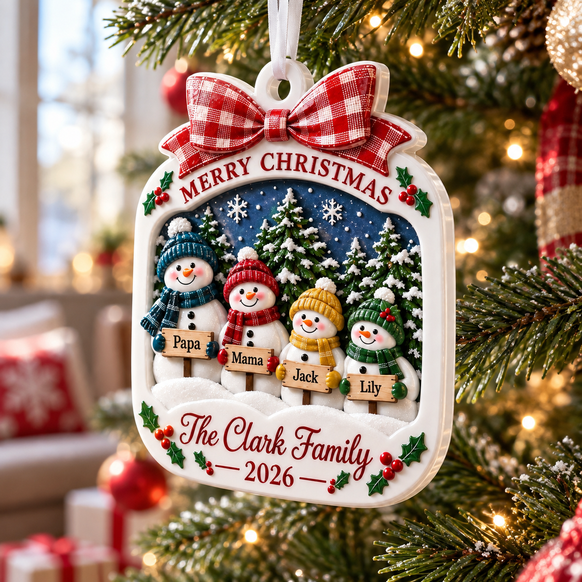 Snowman Family of 4 Christmas Tree Decoration with Red Plaid Bow - 3D Relief Ornament