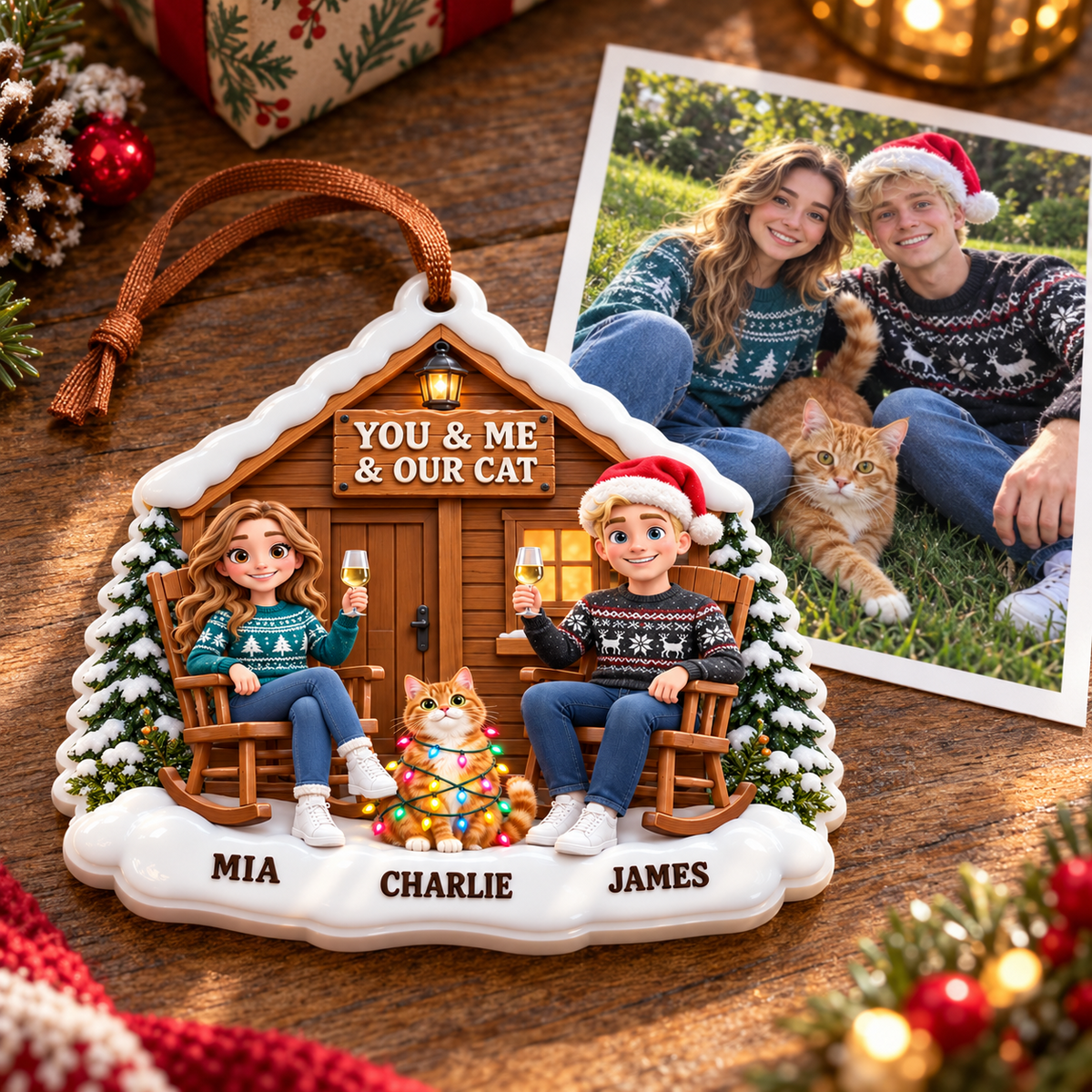 Couple and Cat Winter Log Cabin Porch Holiday Tree Hanging Keepsake - 3D Relief Ornament