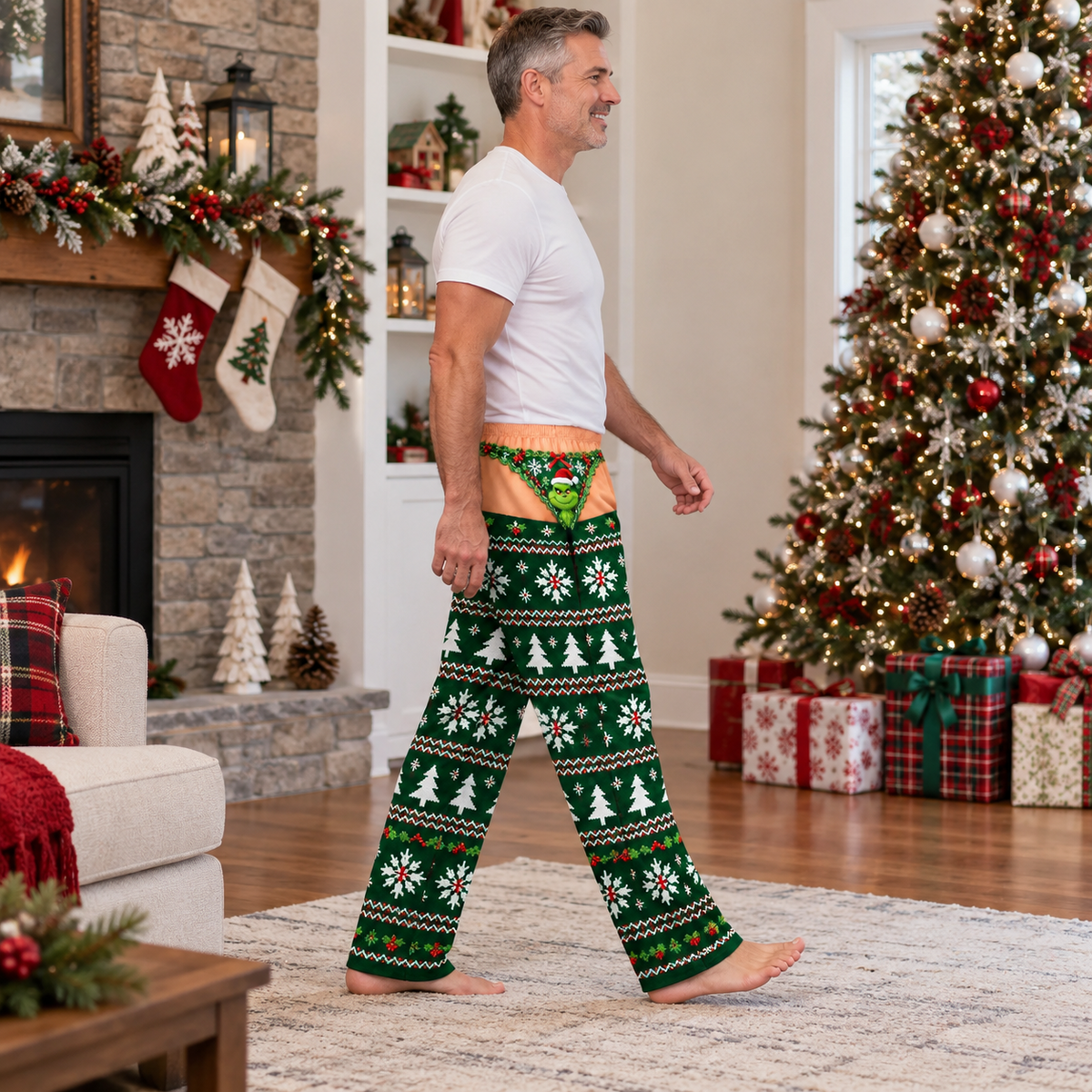 Novelty Christmas Pajama Pants with Faux Low Rise Print