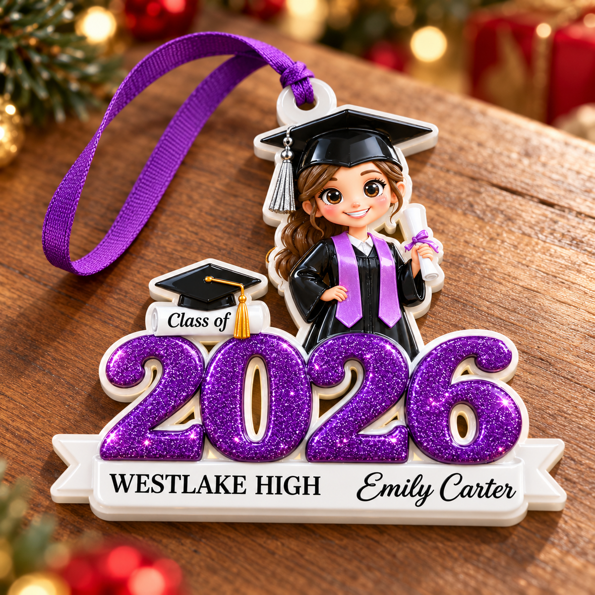 Graduate Girl Class of 2026 Purple Glitter Cap and Gown Keepsake - 3D Relief Ornament
