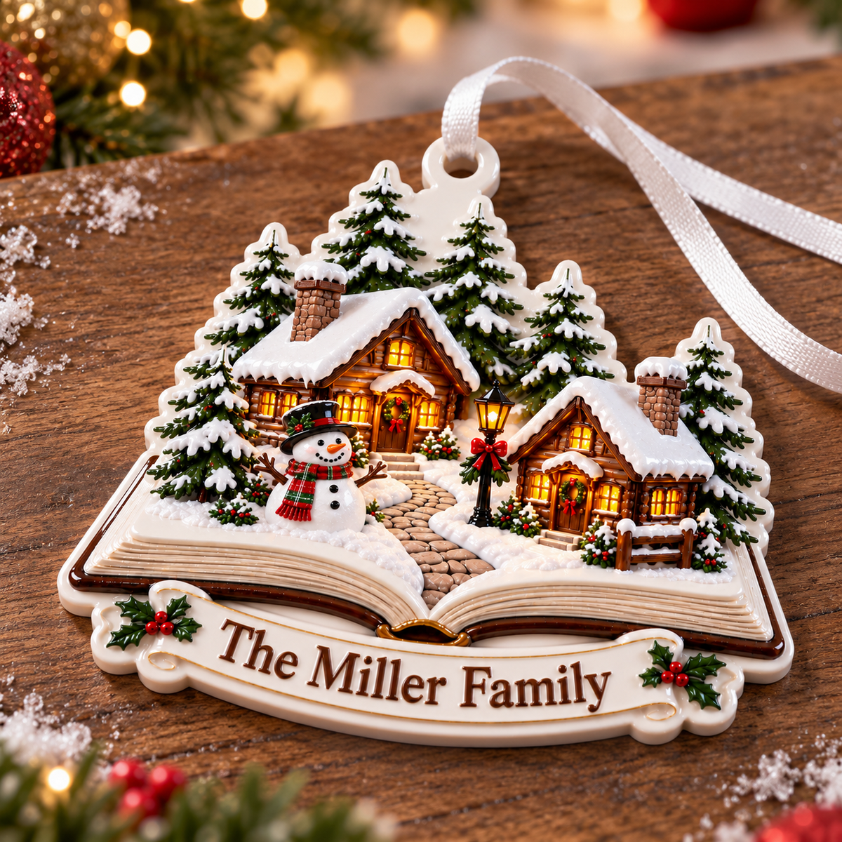 Storybook Winter Village Snowman Cabin Holiday Tree Decor - 3D Relief Ornament