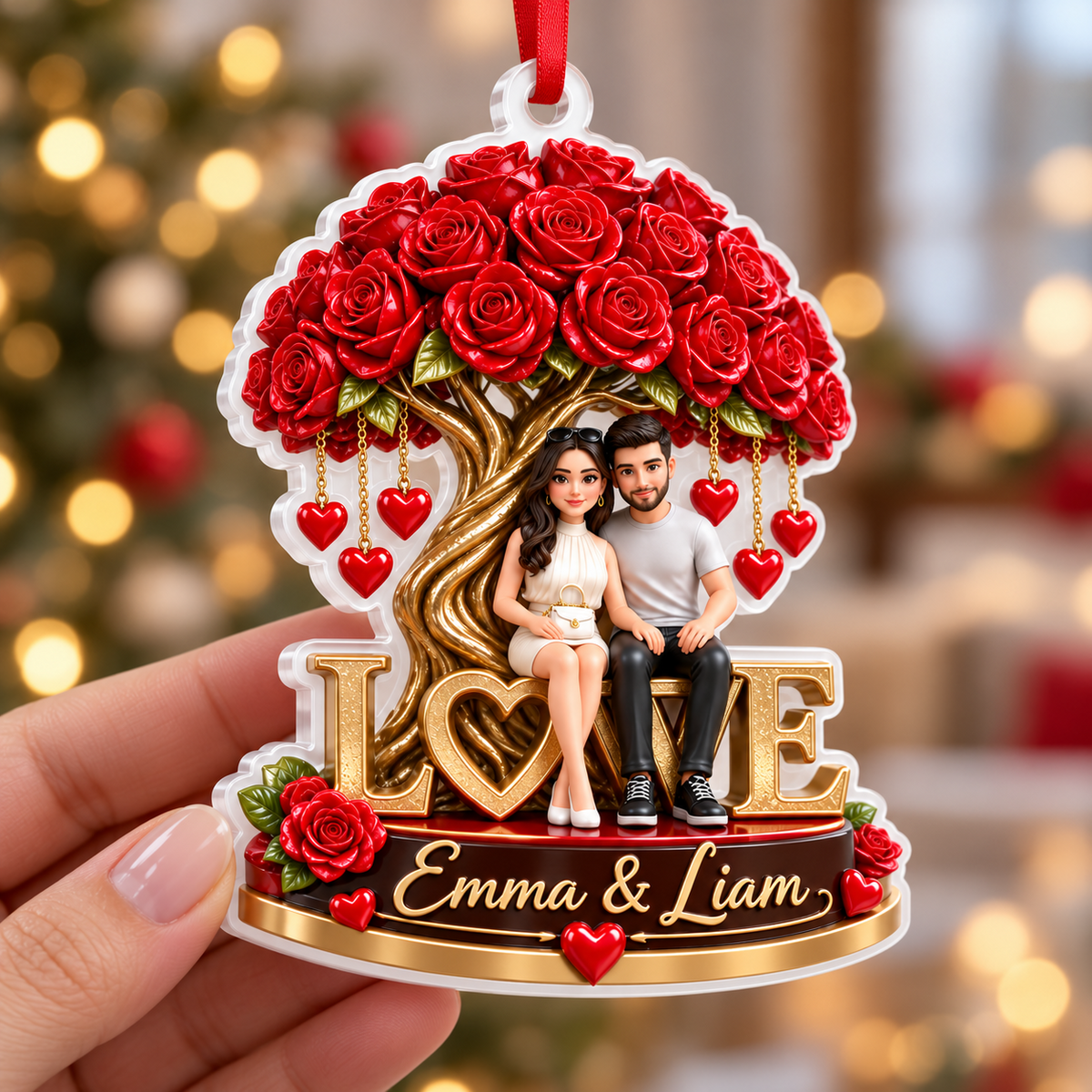 Couple Sitting Under Red Rose Tree Love Keepsake Acrylic Hanging Decor - 3D Relief Ornament