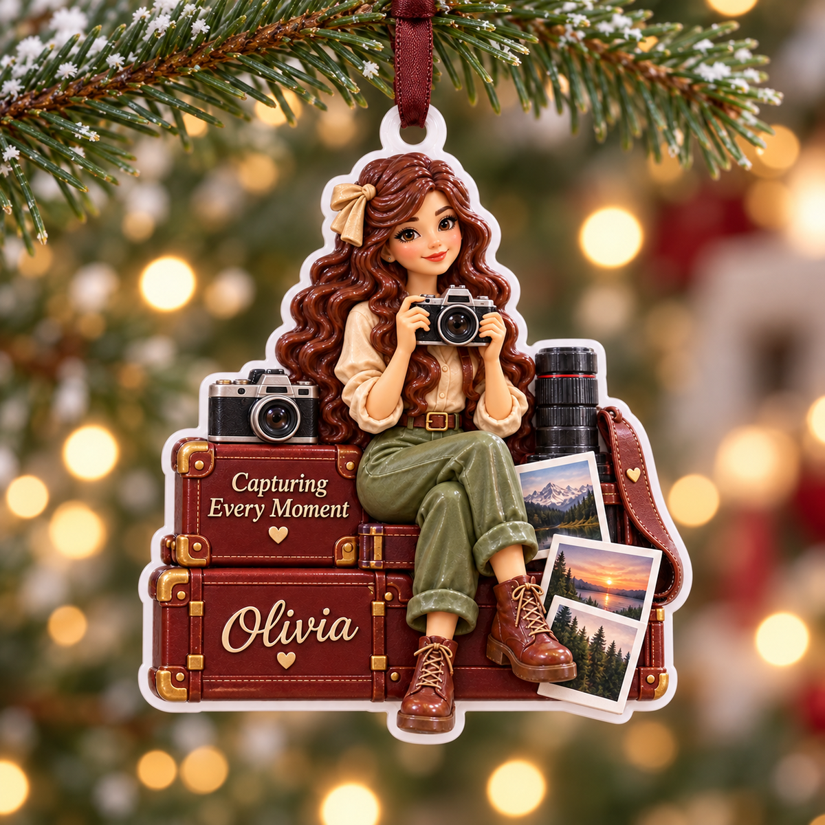 Travel Girl Photographer with Vintage Luggage Acrylic Christmas Hanging Keepsake - 3D Relief Ornament