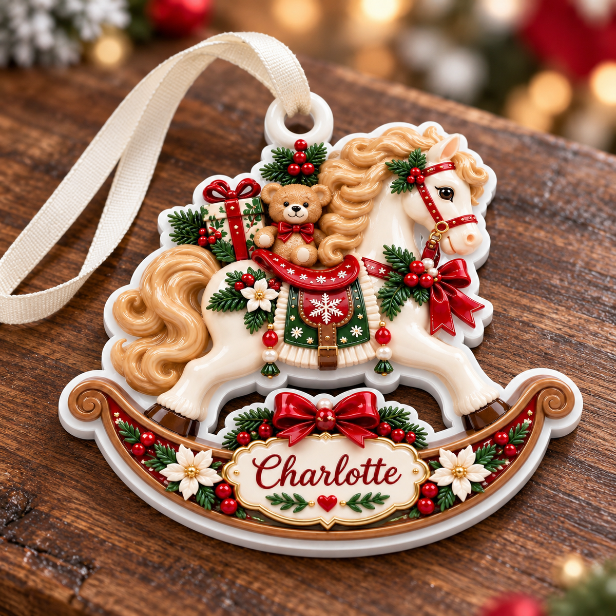 Vintage Rocking Horse with Teddy Bear and Christmas Holly Accent - 3D Relief Ornament