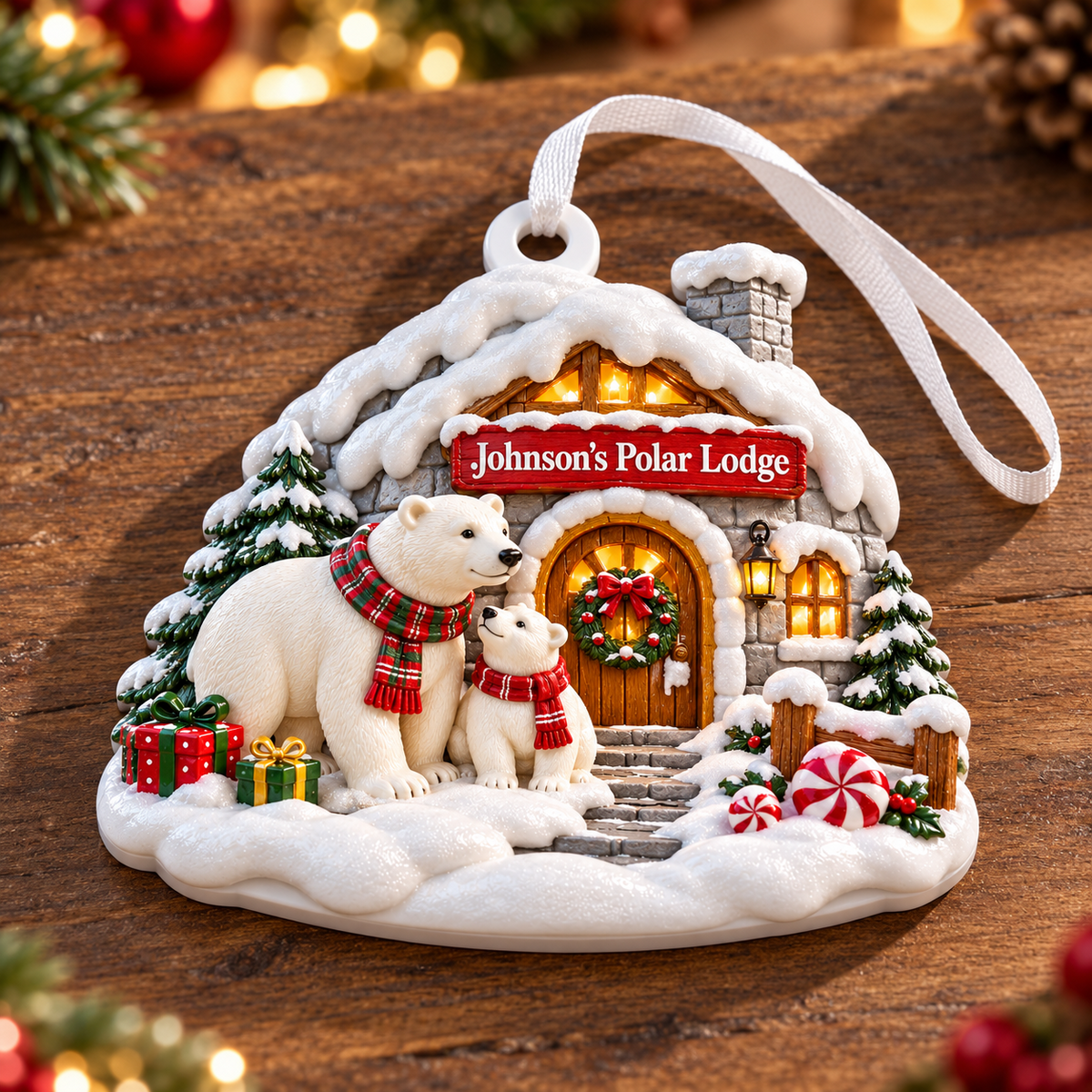Snowy Cabin Polar Bear Family Christmas Tree Decor - 3D Relief Ornament
