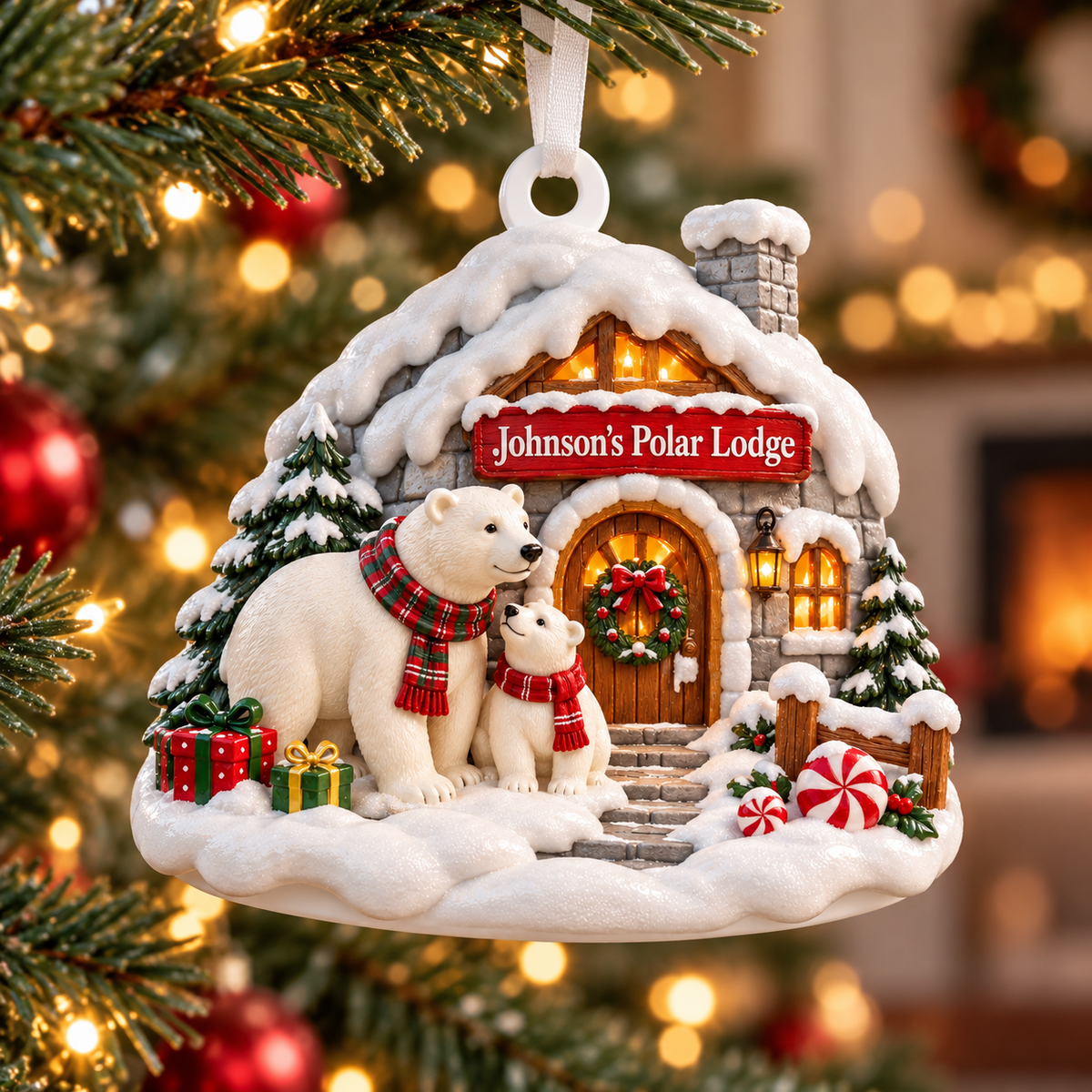 Snowy Cabin Polar Bear Family Christmas Tree Decor - 3D Relief Ornament