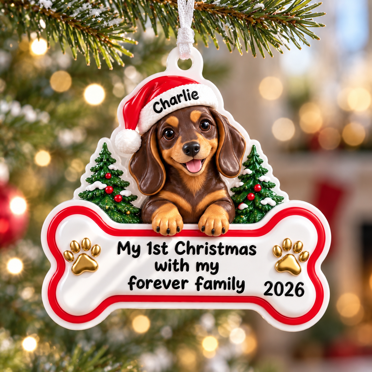 Dachshund Puppy First Christmas Dog Bone Hanging Holiday Tree Plaque - 3D Relief Ornament
