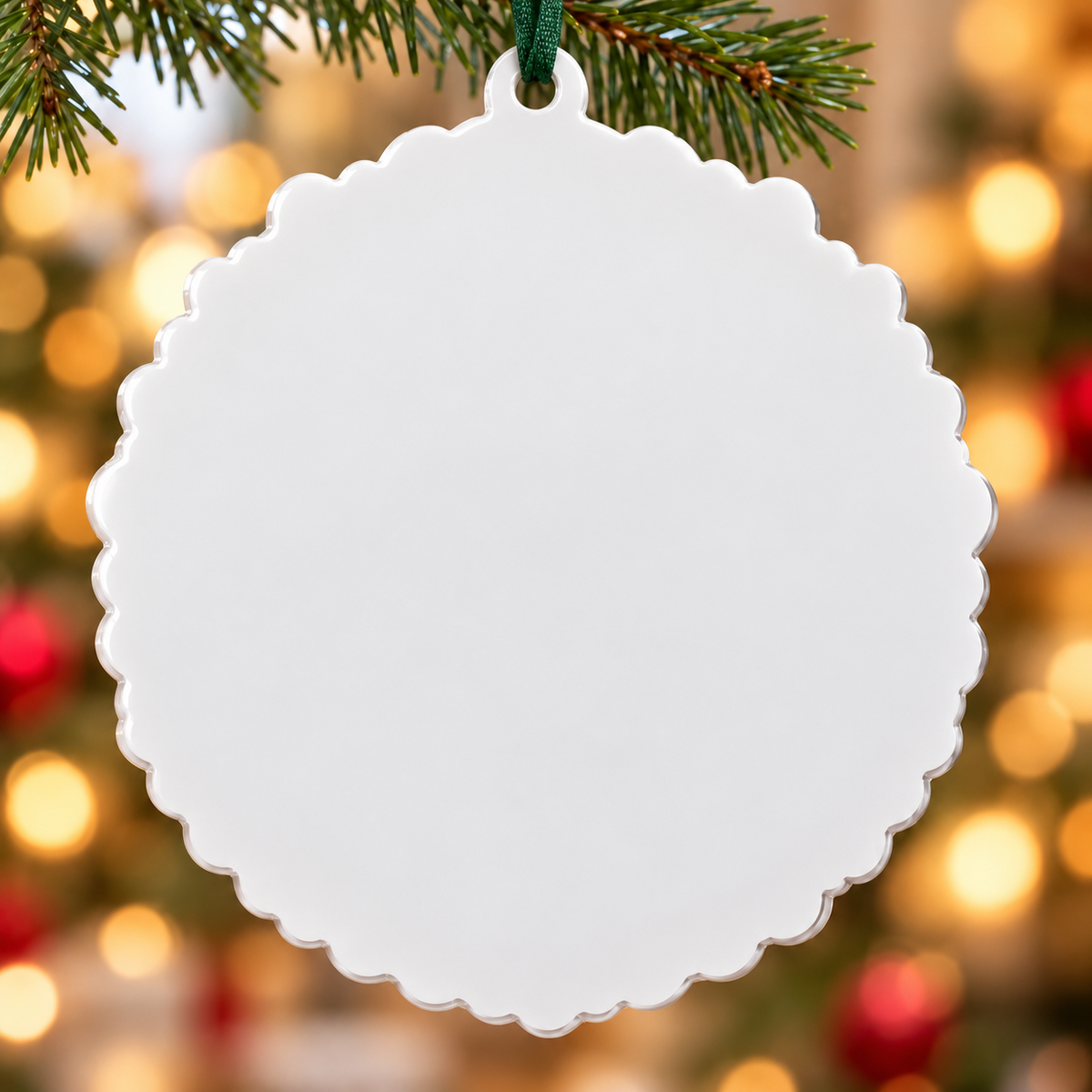 Scalloped Round White Tree Disc Acrylic Christmas Hanging Plaque - 3D Relief Ornament