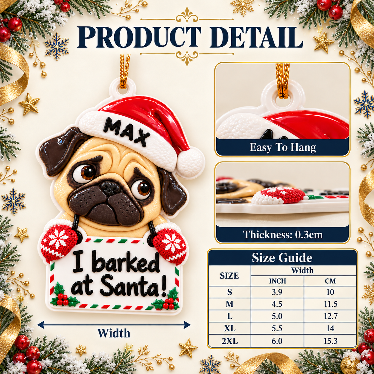 Christmas Pug Dog with Santa Hat and Confession Sign Hanging Holiday Keepsake - 3D Relief Ornament