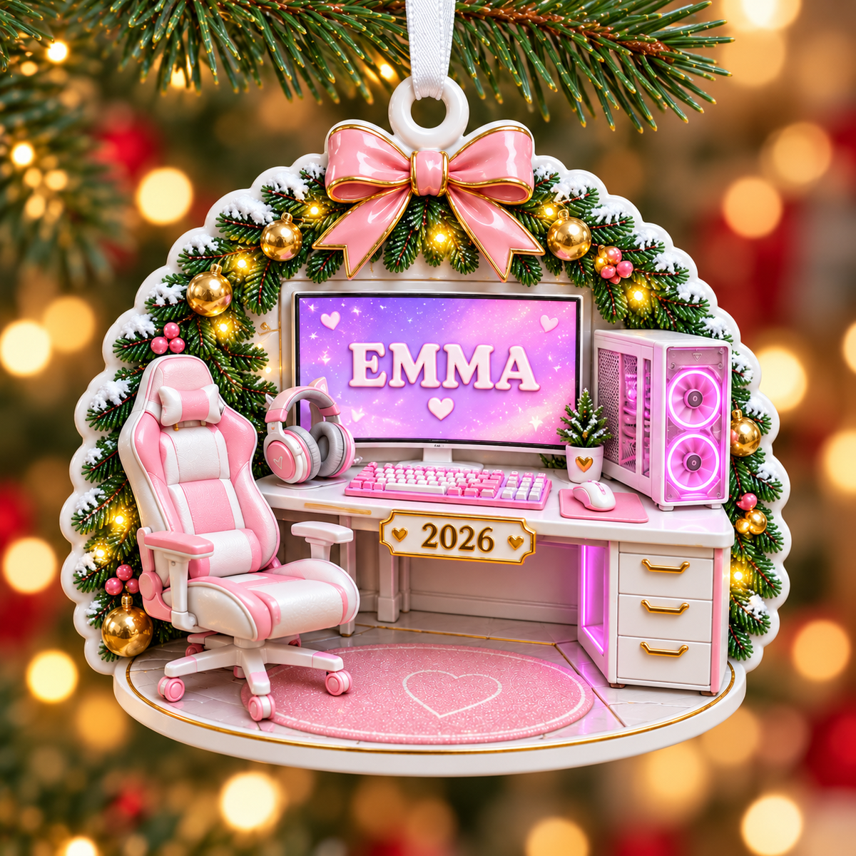 Gamer Girl Desk Setup with Pink Computer Chair and Wreath - 3D Relief Ornament