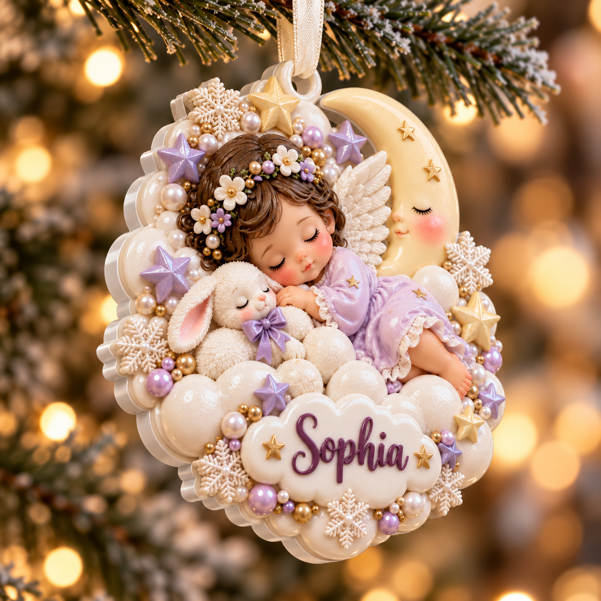 Sleeping Baby Angel with Bunny and Crescent Moon Holiday Keepsake - 3D Relief Ornament