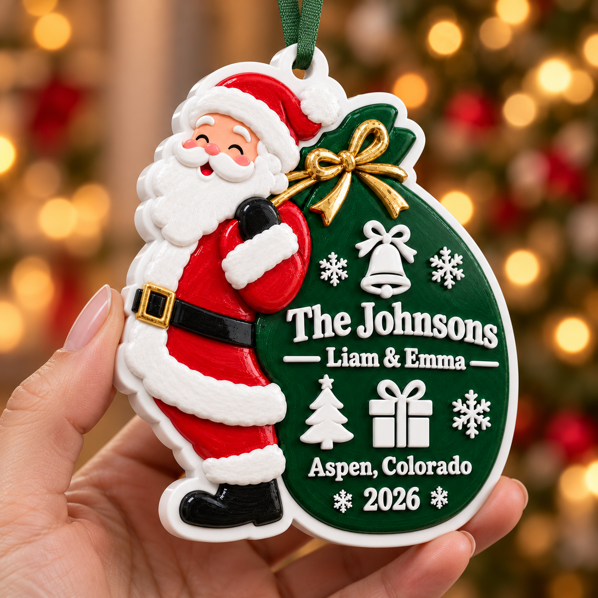 Santa Claus Carrying Green Toy Sack Christmas Tree Holiday Hanging Keepsake - 3D Relief Ornament