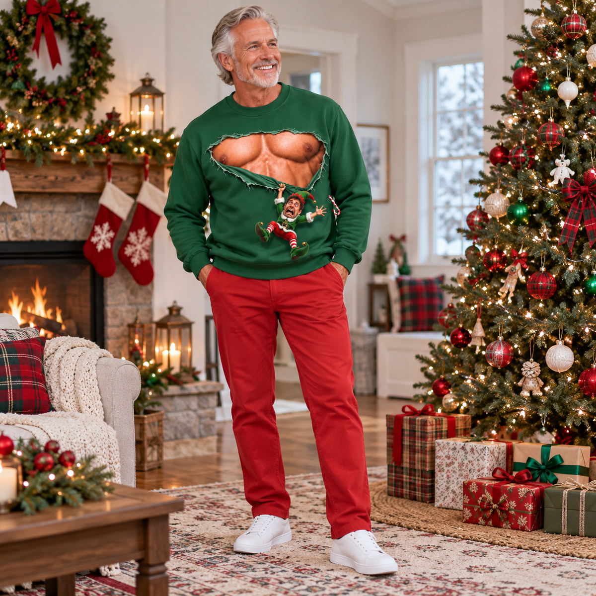 Christmas Sweatshirt with Ripped Muscular Chest Falling Elf Graphic