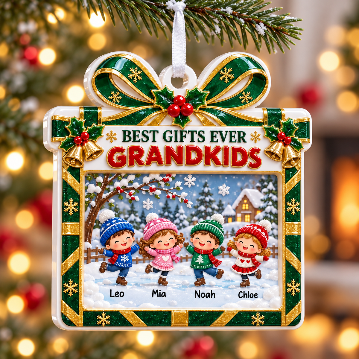 Grandkids Winter Skating Present Frame Holiday Keepsake - 3D Relief Ornament