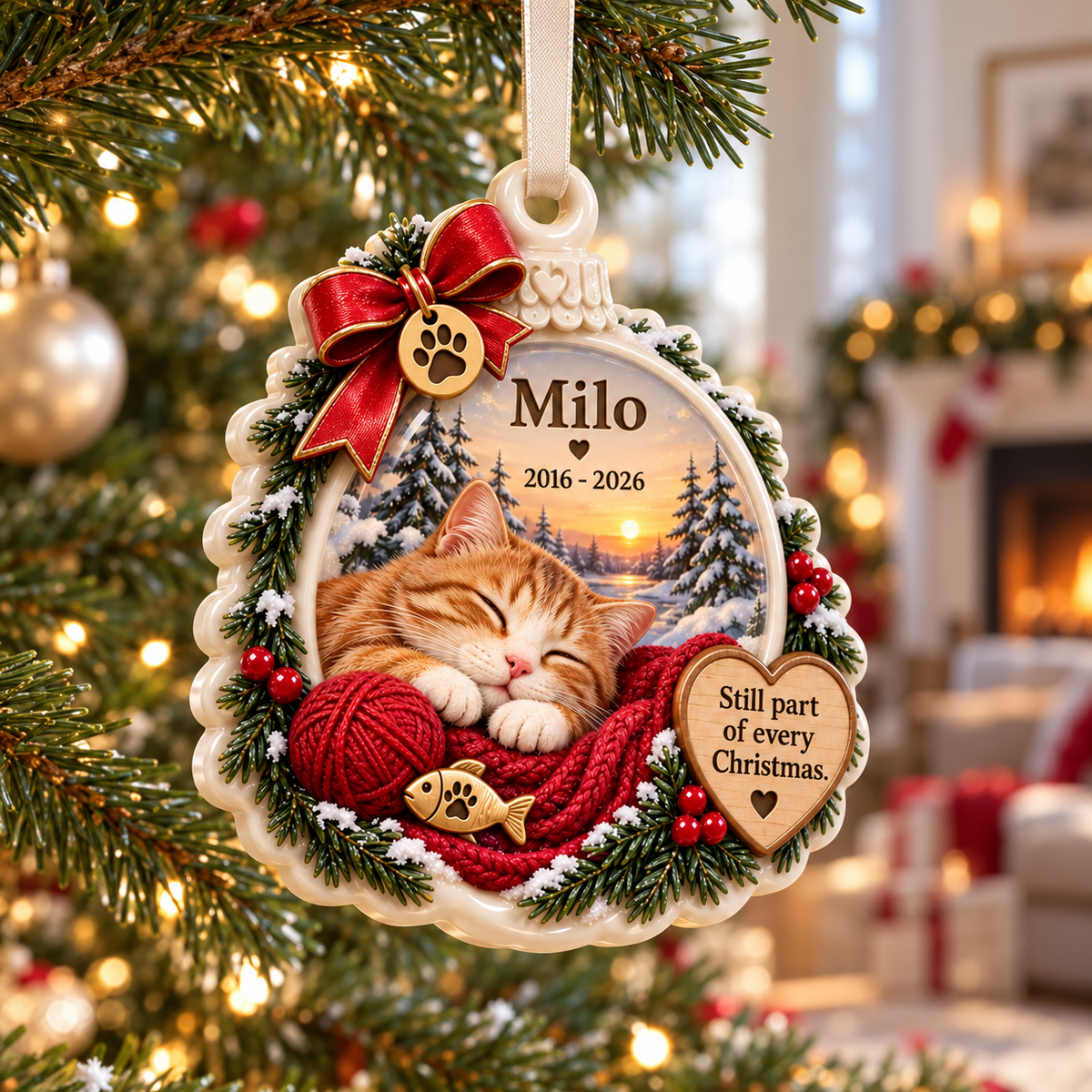 Sleeping Orange Tabby Cat Memorial Holiday Keepsake with Pine Wreath - 3D Relief Ornament