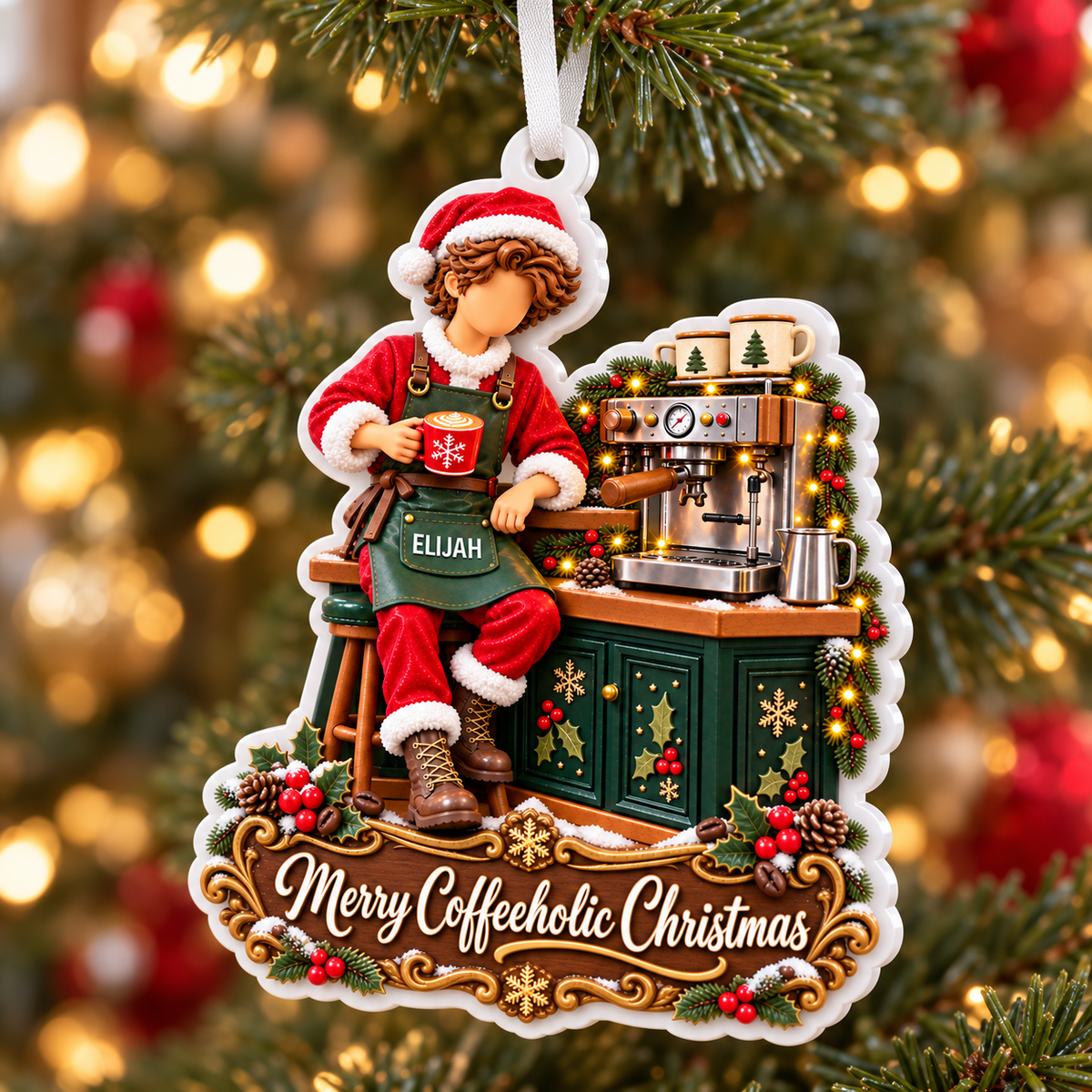 Barista Santa with Espresso Machine Merry Coffeeholic Christmas Acrylic Hanging Plaque - 3D Relief Ornament
