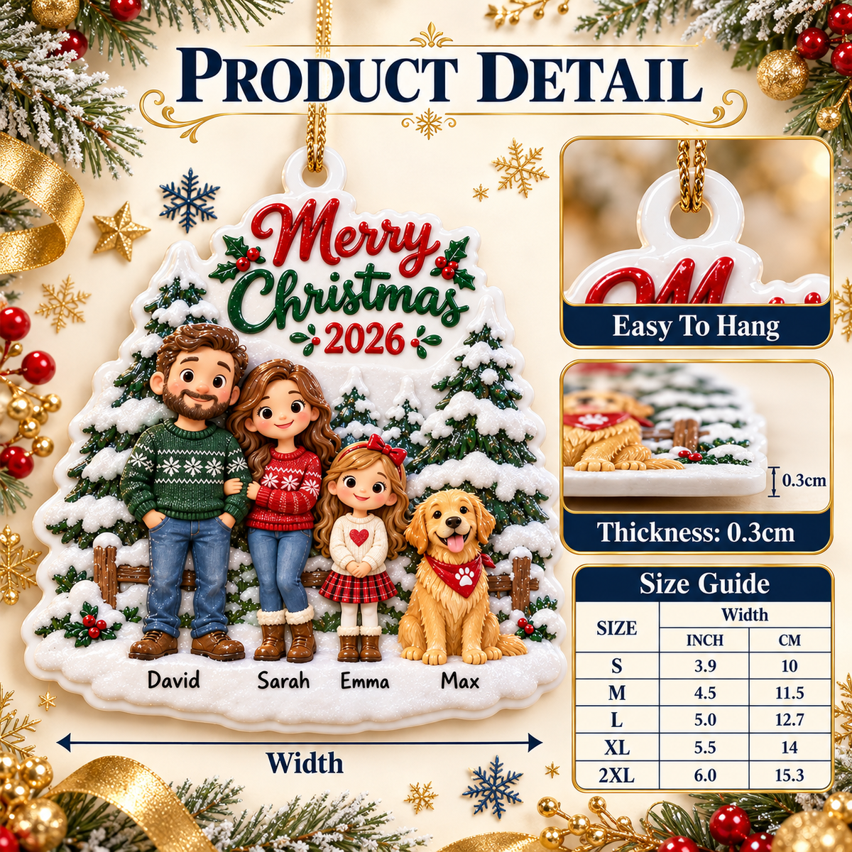 Family of Three with Dog Snowy Pine Tree Hanging Holiday Keepsake - 3D Relief Ornament