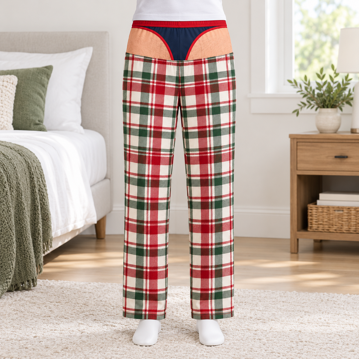 Men's Novelty Plaid Pajama Pants with Fake Sagging Briefs Print