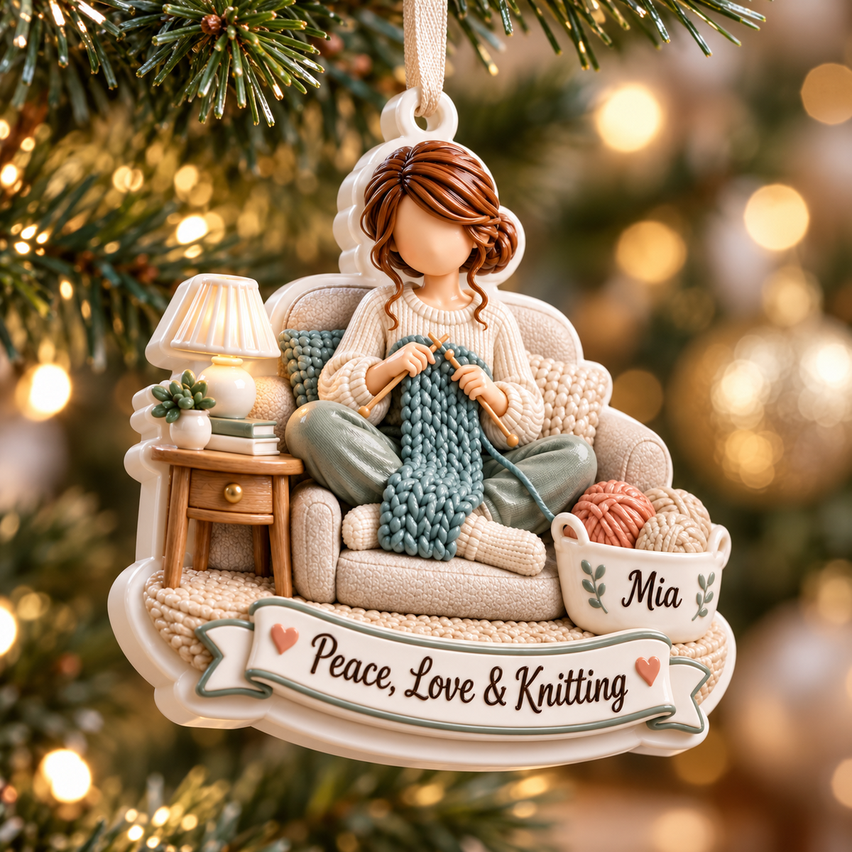 Woman Knitting in Armchair Holiday Keepsake with Yarn Basket - 3D Relief Ornament