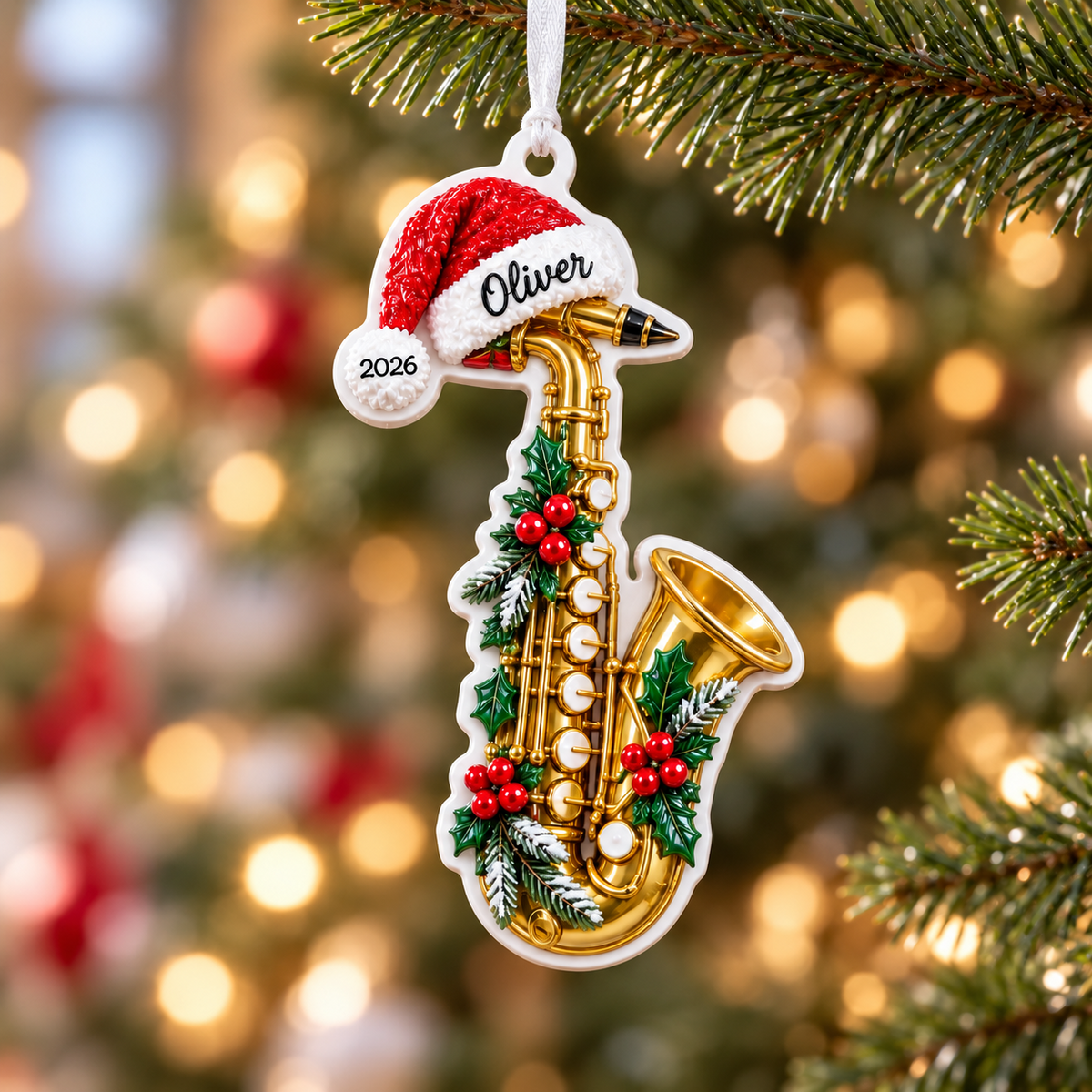 Christmas Golden Saxophone with Santa Hat Hanging Acrylic - 3D Relief Ornament
