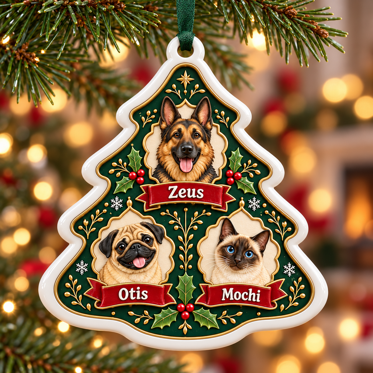 Christmas Tree Shaped Multi Pet Dog and Cat Ceramic Plaque - 3D Relief Ornament