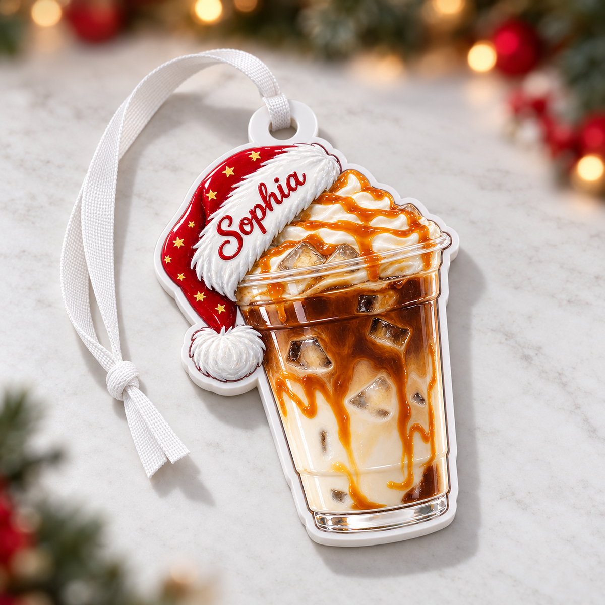 Iced Caramel Macchiato with Santa Hat Acrylic Hanging Holiday Keepsake - 3D Relief Ornament